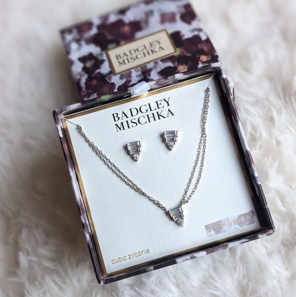 BADGLEY MISCHKA Cubic Zirconia Platinum Plated Earring Necklace Set
